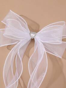 1pc Elegant White Mesh Bow Rhinestone Heart Butterfly Decor Long Ribbon Hair Clip, Suitable For Daily, Wedding, Party, Prom - White - View 3