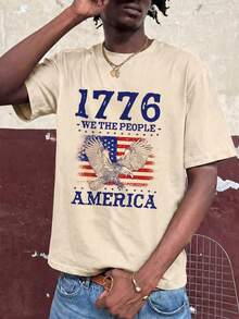 FRACTYR Camiseta de Verano para Hombre, Estilo Casual Urbano Vintage, con Estampado de Bandera Americana y Águila Calva, Corte Holgado, Cuello Redondo, Transpirable, Cómoda para Uso en Exter - Negro - Ver 2