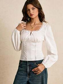 Blusa de manga larga con cuello cuadrado, decoración de lazo y encaje de contraste para mujer - Blanco - Ver 6