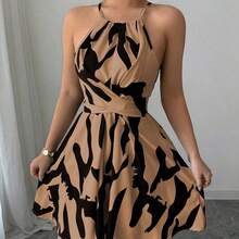 Elenzya Navy Blue Arrow Print Elegant Design Halter Tie Waist Flared Short Dress, High-Quality Graceful Style, Suitable For Valentine's Day, Easter, Labor Day, Birthday, Date, Party, Formal Occasions, Spring/Summer - Negro - Ver 6