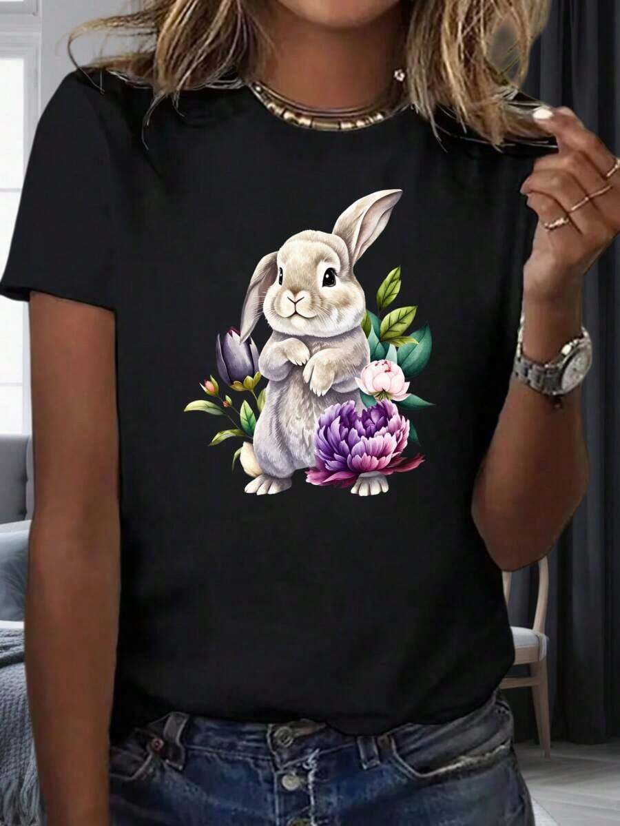 Women's White T-Shirt With Bunny And Flower Print, Casual Summer Top, Graphic T-Shirt For Easter And Spring 220m Heat Pack Women - 黑色 - 查看 1