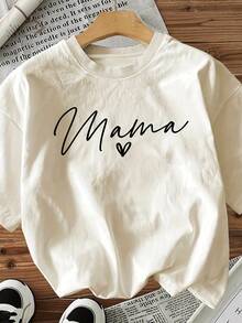 Camiseta de manga corta con cuello redondo y estampado de corazón con la palabra "Mama" - Albaricoque - Ver 8
