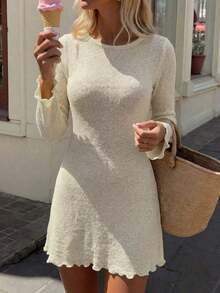 Vestido de cárdigan de punto corto de manga larga con cuello redondo y calado en azul claro, nuevo vestido de punto elegante, casual y cómodo para primavera/verano de las mujeres, ideal para fiesta de traje de baño, playa, vacaciones, unicolor minimalista falda corta - Arroz con albaricoque - Ver 7