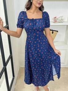 Vestido largo de noche de manga corta con cuello cuadrado, estampado floral ditsy y abertura para vacaciones de verano para mujeres - Azul marino - Ver 7