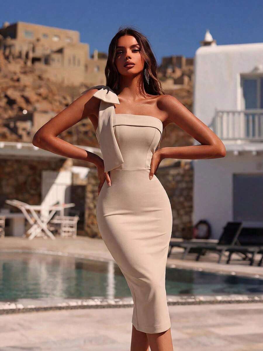 Vestido de cóctel, fiesta, boda y primavera con hombros descubiertos, unicolor, decoración de lazo, espalda con abertura y largo midi - Albaricoque - Ver 1