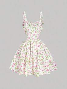 Vestido midi acampanado con cintura fruncida y estampado de flores, con decoración de lazo.Ideal para rave, estilo bohemio, conciertos, graduación, romántico, verano, elegante, vacaciones, fiestas, fluido, invitada de boda, té, modesto, baile d - Multicolor 3 - Ver 4