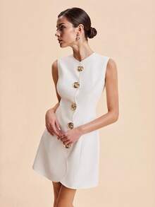 Short Solid Sleeveless Round Neck Button Dress New Arrival - White - View 2