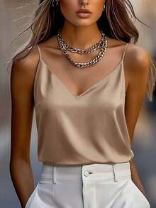 1 pieza Camiseta sin mangas de satén de unicolor elegante y de moda para mujer, adecuada para verano, citas por la noche, oficina, vacaciones, uso casual diario - Caqui - Ver 1