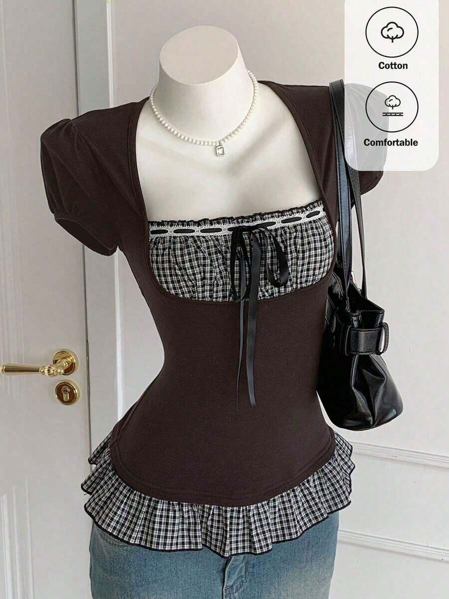 Blusa de verano elegante con volantes en el bajo, estampado de flores diminutas y parches - Café integral - Ver 1