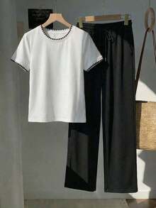 2 piezas Conjunto de top de manga corta con estampado floral bordado falso y rayas y pantalones a rayas, atuendo casual adecuado para el uso diario, citas, fiestas, otoño/invierno/verano, Navidad, Año Nuevo, Acción de Gracias, fiestas, bodas, - Multicolor 13 - Ver 3