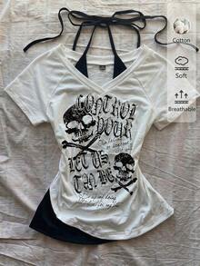 Camiseta de mujer casual de cuello en V retro, con atar, de manga corta y contraste de color, adecuada para el verano - Blanco 4 - Ver 1