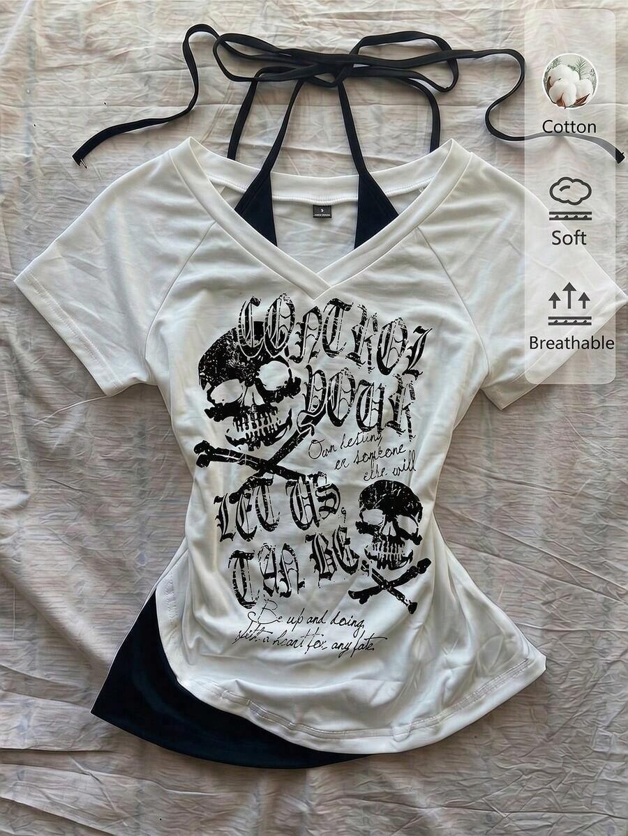 Camiseta de mujer casual de cuello en V retro, con atar, de manga corta y contraste de color, adecuada para el verano - Blanco 4 - Ver 1
