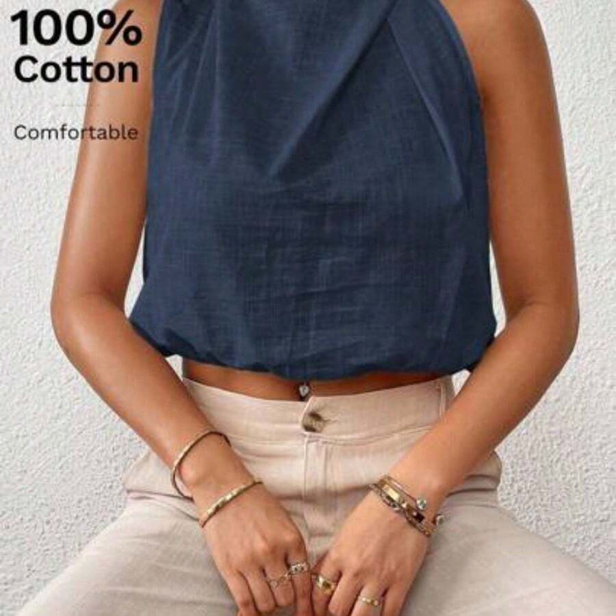 Solid Keyhole Back Halter Neck Crop Blouse,Sleeveless Tops - Azul Marino - Ver 1