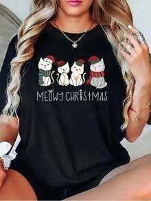 Camiseta de Mujer con Estampado de Gatos Adorables con Gorros y Bufandas Navideñas y Texto Navideño 'Miau' en Negro, Gris, Blanco, Blanco Claro, Rojo Oscuro - Negro - Ver 1
