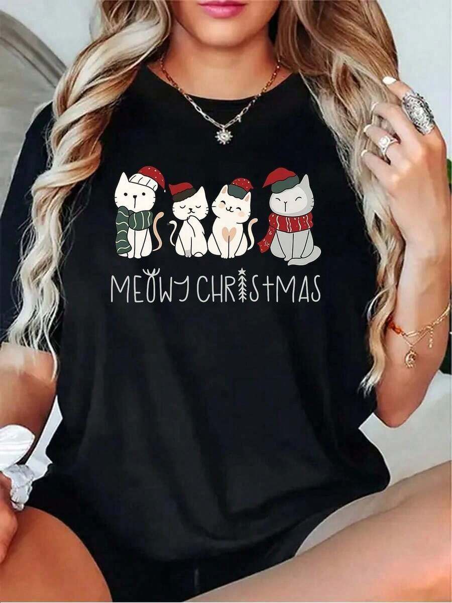 Camiseta de Mujer con Estampado de Gatos Adorables con Gorros y Bufandas Navideñas y Texto Navideño 'Miau' en Negro, Gris, Blanco, Blanco Claro, Rojo Oscuro - Negro - Ver 1