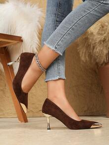 新款时尚尖头中跟高跟鞋，舒适百搭的女士正装鞋 - 咖啡棕 - 查看 3