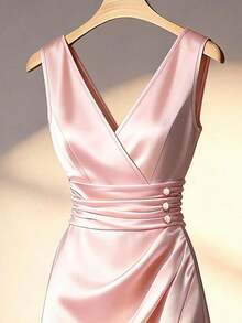 Vestido maxi elegante de satén color crema marfil sin mangas con cuello en V, cintura fruncida y abertura lateral.Alta calidad para ocasiones formales y citas - Rosa - Ver 3