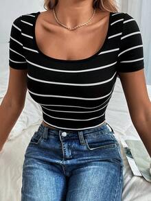 Camiseta corta de cuello redondo blanca con rayas de verano - Negro - Ver 6