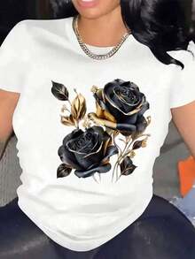 [Entrega Local]Playera Para Mujer Camiseta Casual de Poliéster para Mujer, Cuello Redondo, Manga Corta, con Elegante Estampado de Rosas en Negro y Dorado, Corte Regular - Blanco - Ver 3