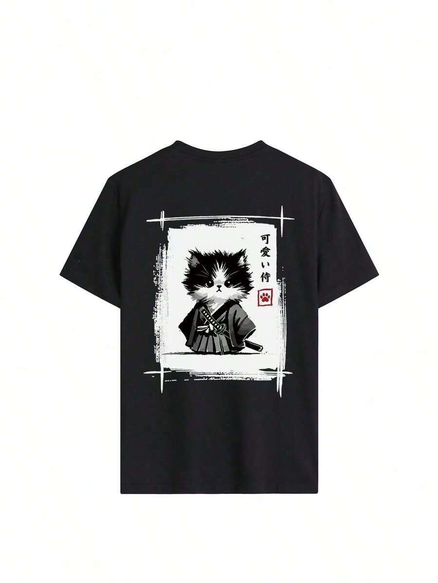 Camiseta casual de manga corta con cuello redondo para mujer, que presenta una combinación de motivos de carreras sencillos y patrones florales/aves japoneses, adecuada para mujeres, versátil y elegante.Artículo único - Negro - Ver 1