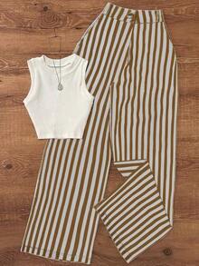 Conjunto de chaleco y pantalones a rayas casuales con cintura para mujer, adecuado para la oficina y el jardín, primavera/verano blanco elegante - Marrón Mocha - Ver 2