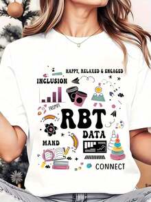 Women T Shirt RBT Data Inclusion MAND Connect Happy Relaxed Engaged Graphic Print Round Neck Casual Daily Wear Soft Comfortable Holiday 220g Womens Blouses Shirt - 白色 - 查看 1