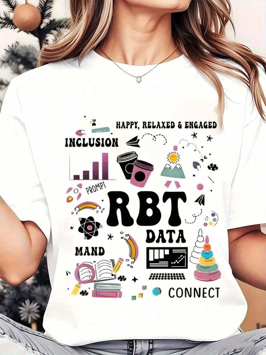 Women T Shirt RBT Data Inclusion MAND Connect Happy Relaxed Engaged Graphic Print Round Neck Casual Daily Wear Soft Comfortable Holiday 220g Womens Blouses Shirt - 白色 - 查看 1