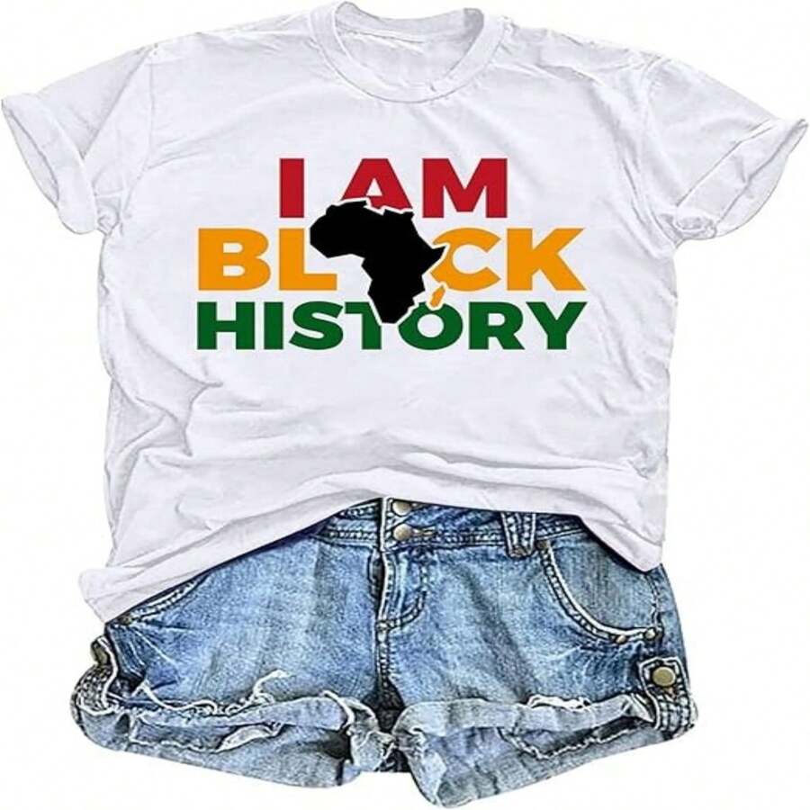 Camiseta informal de algodón de manga corta y cuello redondo para mujer con estampado gráfico "I Am Black History" y corte regular. - Blanco - Ver 1