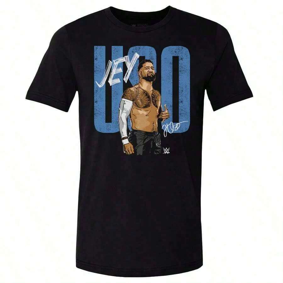 Camiseta de manga corta con cuello redondo y estampado de cita de atleta con temática de lucha libre, muestra el texto "Jey Uso Yeet" con un gráfico de personaje y detalle de firma, estilo casual y enérgico de manga corta, corte relajado, estilo de prenda adecuado para primavera, verano y otoño, lavar a máquina en frío, no planchar el estampado, para eventos de lucha libre, reuniones de fans, uso diario, ropa para adolescentes, camisetas para niños, ropa para niñas, camisetas para chicas jóvenes, conjuntos familiares a juego, ropa de anime, regalo para niños y niñas, 100% algodón. - Negro 4 - Ver 1