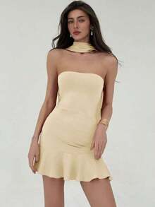 Vestido mini de mujer de unicolor con diseño de cinta y cuello halter - Beis - Ver 5