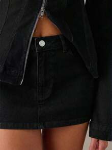 Minifalda de mezclilla ajustada de unicolor de moda de verano para mujer - Negro - Ver 3