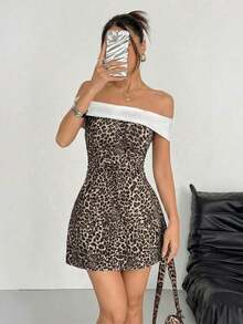 Vestido mini de punto negro y blanco con hombros descubiertos para mujer - Multicolor - Ver 1