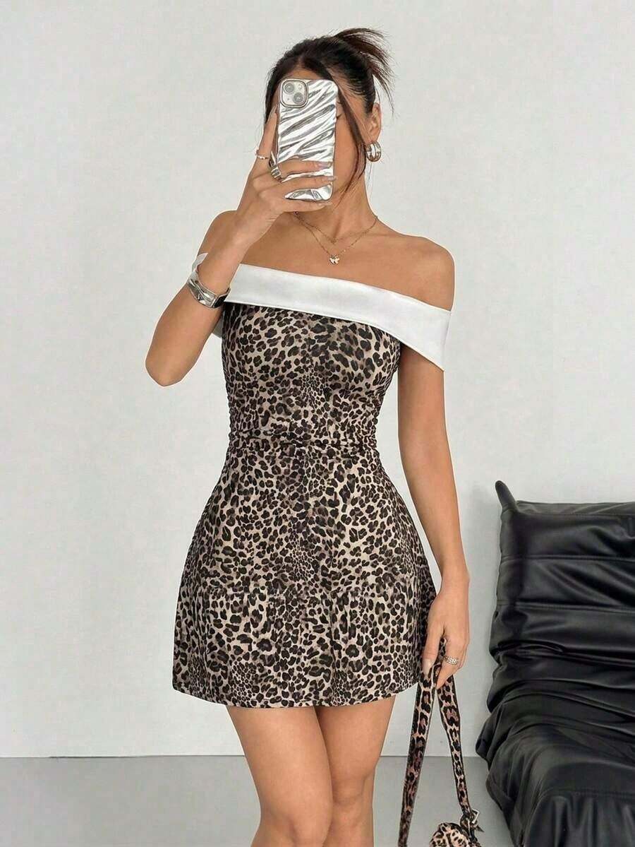 Vestido mini de punto negro y blanco con hombros descubiertos para mujer - Multicolor - Ver 1