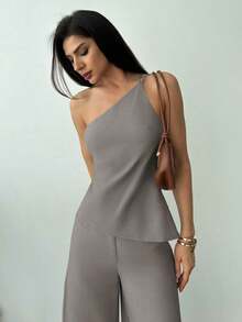 Nuevo conjunto de primavera/verano, elegante atuendo de vacaciones, blusa de lino asimétrico con cintura fruncida y espalda descubierta en color albaricoque y pantalones largos de cintura alta de 2 piezas de traje de lino - Gris - Ver 8