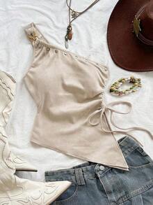Camiseta de tirante único de punto jacquard texturizado de color beige para mujer, adecuada para fiesta, cita, Día de San Valentín, Pascua, carnaval, té de la tarde, playa, crucero, vacaciones en la ciudad - Albaricoque - Ver 8