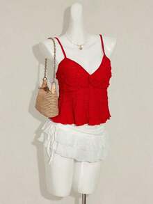 Blusa de tirantes de mujer con volantes de tela texturizada de unicolor para el verano y vacaciones - Rojo - Ver 6