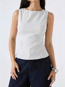 2026 Nueva Camiseta de Tirantes Ajustada de Cuello Redondo a Rayas de Color Albaricoque Minimalista, Adecuada para Trabajo/Casual de Negocios/Oficina, Top de Moda para Mujer - Blanco 2 - Ver 4