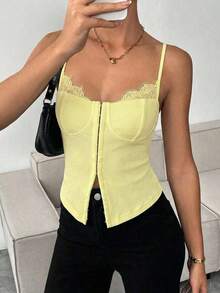 Camiseta de tirantes de uso diario versátil y casual con parches de encaje para mujer - Amarillo claro - Ver 7