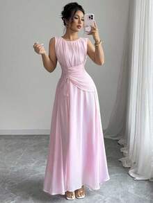 Vestido maxi casual, romántico, vintage y elegante de gasa para mujer con cordón en la cintura, para la playa, el té de la tarde, fiestas de noche, uso diario, sin mangas, de unicolor, vestido largo, primavera/verano - Rosa - Ver 8
