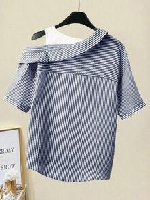 Camisa de mujer casual de manga corta raglán a rayas texturizada azul y blanca, de verano - Azul marino - Ver 2