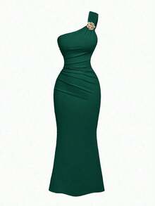 Hannahelzahed  MOD Falda de cola de pez con pliegues asimétricos y broche dorado como decoración - Verde Oscuro - Ver 5