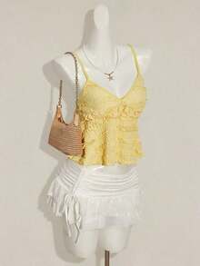 Blusa de tirantes de mujer con volantes de tela texturizada de unicolor para el verano y vacaciones - Amarillo claro - Ver 4
