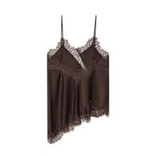 Nueva llegada Camiseta de mujer con decoración de encaje sexy, estilo europeo y americano para el verano - Marrón - Ver 2