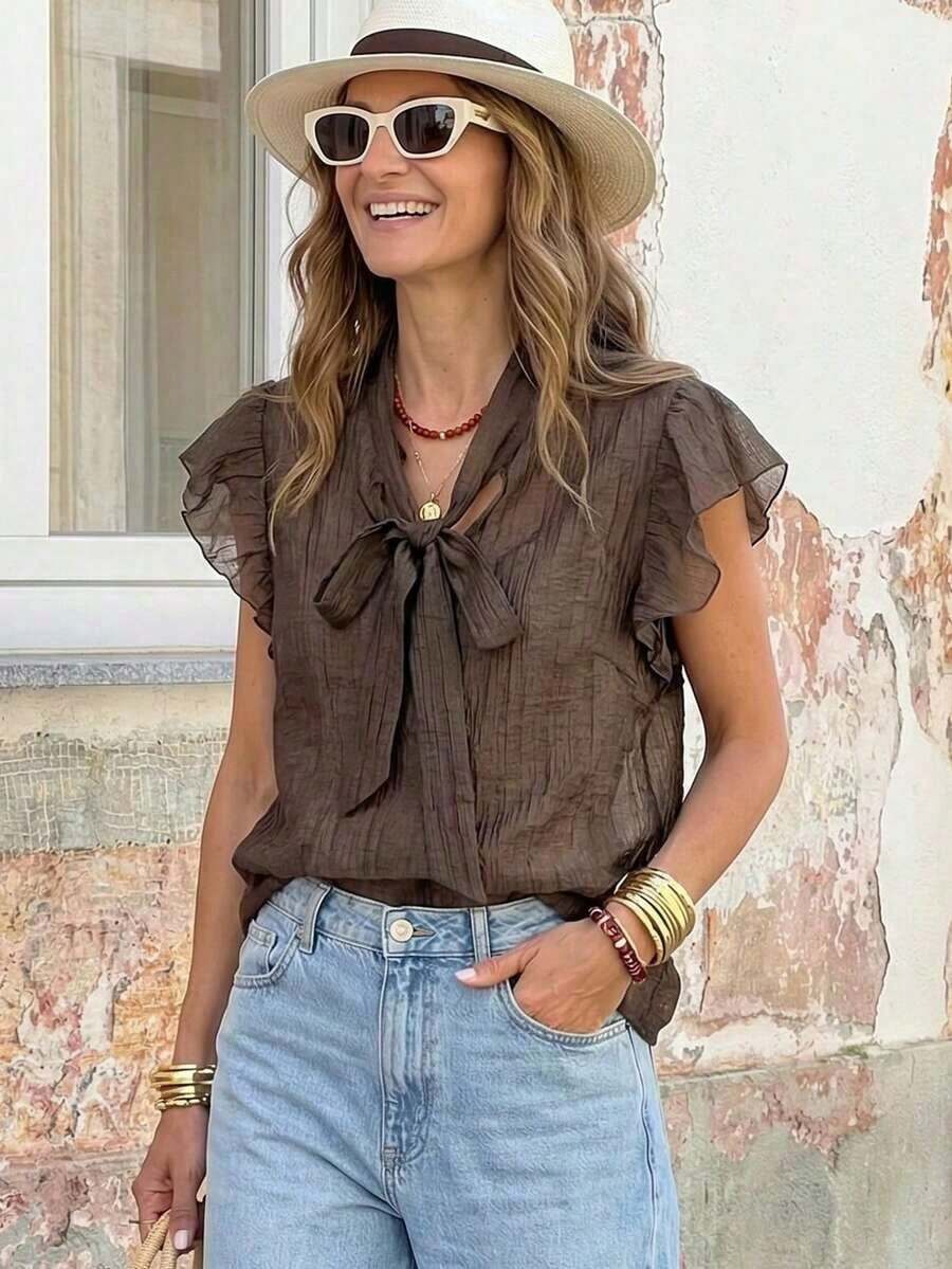 Blusa con lazo elegante para mujer, versátil para el trabajo y el uso casual, verano - Café integral - Ver 1