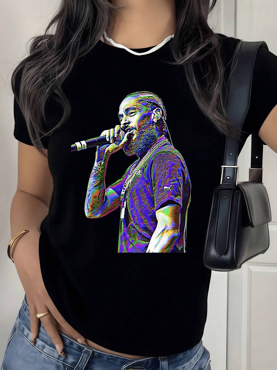 Figura artística de cantante con micrófono representando energía creatividad y libertad en tonos vibrantes camiseta de mujer moderna confortable ideal para expresar pasión musical - Negro - Ver 1
