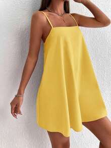 Vestido minifalda camiseta de unicolor minimalista y casual sin espalda - Amarillo - Ver 3