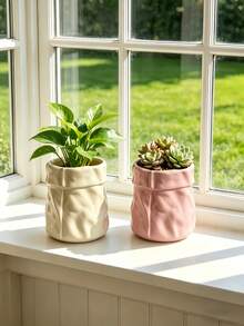1pc Crumpled Paper Bag Shaped Vase , Cream Aesthetic Flower Pot For Home Desktop Decor, Ins Style Textured Planter For Living Room/Bedroom, Pink & Cream White - Multicolor - View 1