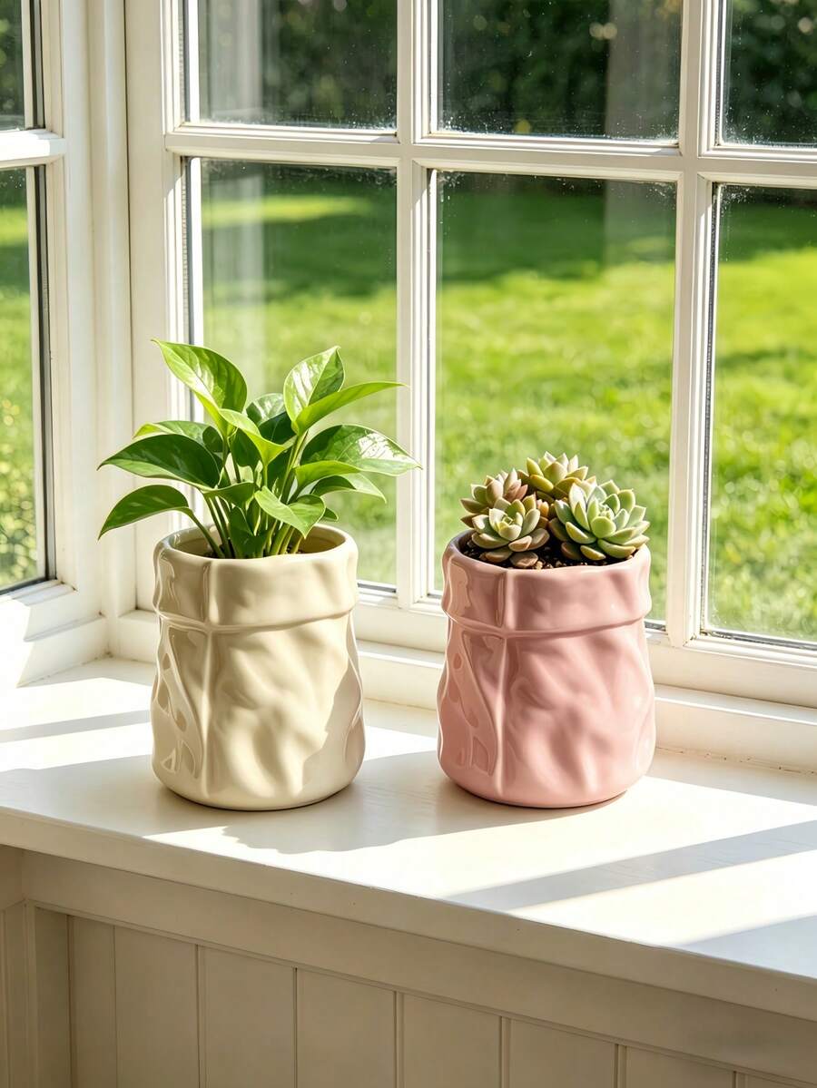 1pc Crumpled Paper Bag Shaped Vase , Cream Aesthetic Flower Pot For Home Desktop Decor, Ins Style Textured Planter For Living Room/Bedroom, Pink & Cream White - Multicolor - View 1