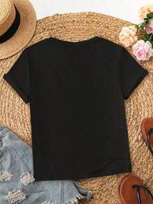 Mexican Basic YOKASA Women's Short Sleeve Crew Neck T-Shirt. Cherry And Butterfly Print. 1 Piece, 180g Pure Heavy, 95% Polyester 5% Spandex - Unisex Short Sleeve Crew Neck T-Shirt, Urban Vintage Style, Loose Cotton. New Release. - 黑色 - 查看 3
