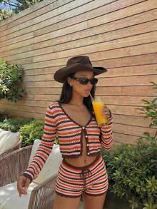 2 piezas Conjunto de top corto y shorts de mujer para verano con bloques de color, rayas y diseño calado. Estilo de vacaciones en la playa, top corto elegante y conjunto de shorts ligeros adecuado para primavera/verano, fiesta en la playa, vacaciones, estilo bohemio, sexy - Multicolor 3 - Ver 2
